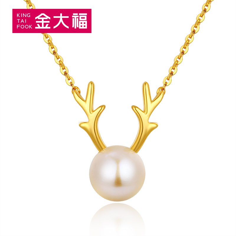 【新品】金大福珠宝18K黄金圣诞小鹿款珍珠吊坠套链女定价